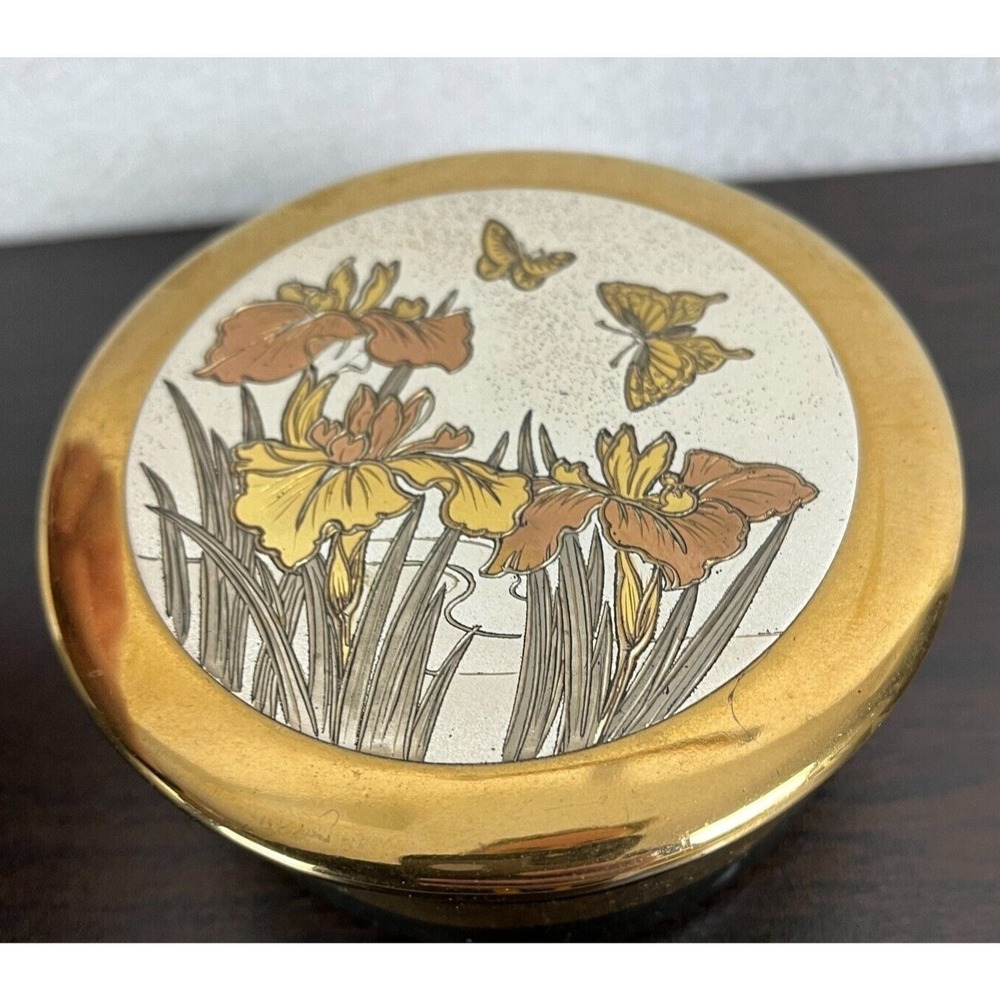 Vintage‎ Art of Chokin Orchid Butterfly 24K Gold Trim Trinket Dish Black Base